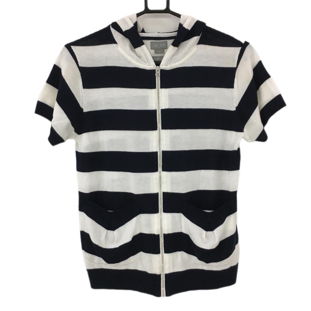 【超美品】アディダス 半袖ニットパーカー 白×ダークネイビー 太ボーダー アクリル混 adipure レディース M/M ゴルフウェア adidas