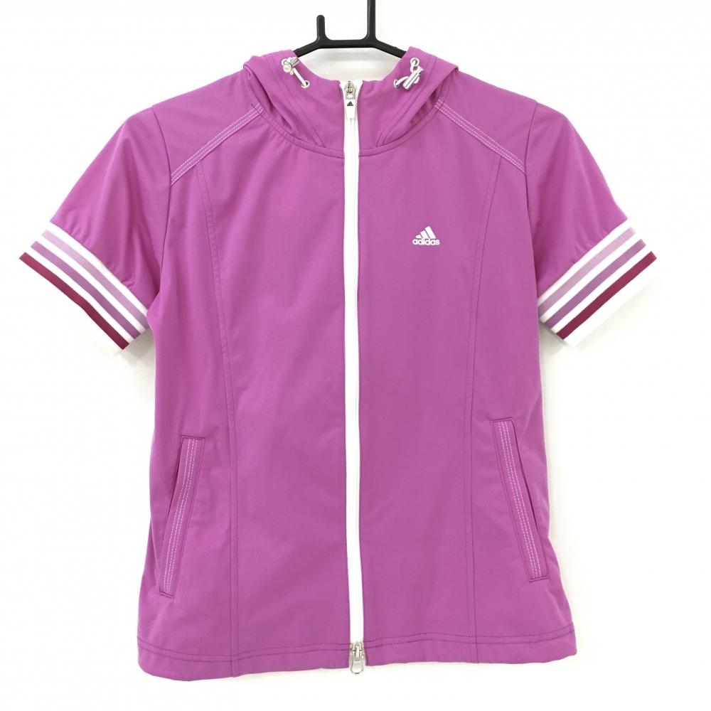 【超美品】アディダス 半袖ジップパーカー ピンク×白 袖口リブボーダー ドローコード  レディース M/M ゴルフウェア adidas