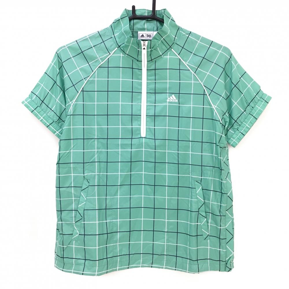 【超美品】アディダス 半袖ブルゾン グリーン×黒 チェック柄 総柄 ハーフジップ  レディース S/P ゴルフウェア adidas