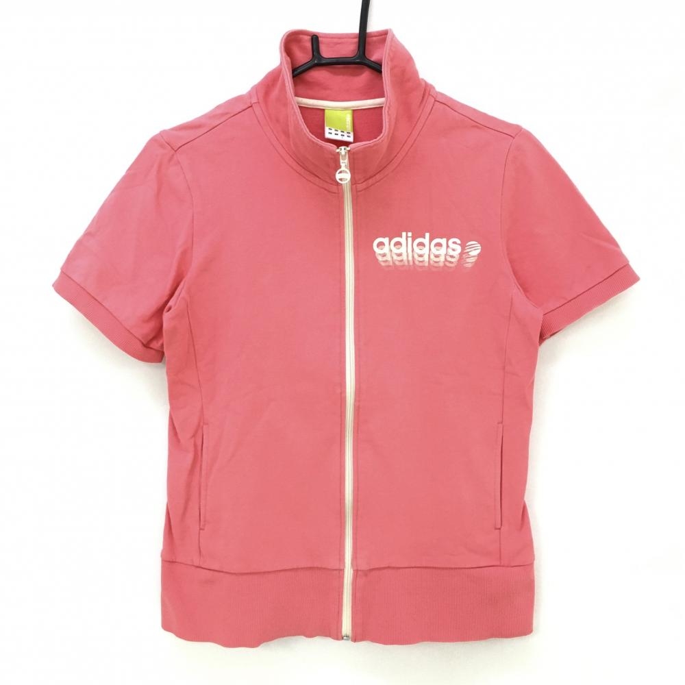 アディダス 半袖ジャケット ピンク×白 ロゴプリント フルジップ レディース L ゴルフウェア adidas