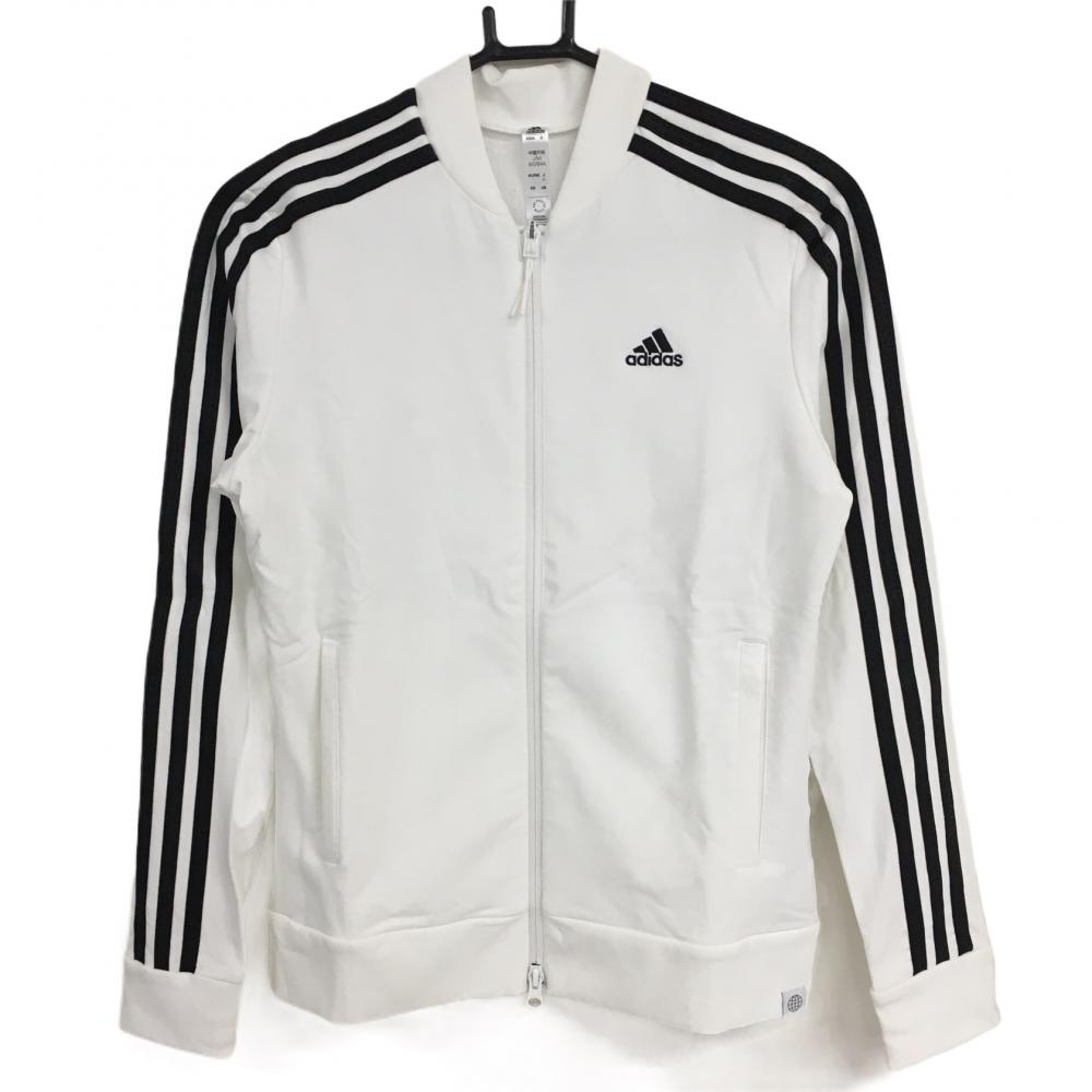 【美品】アディダス ジャケットブルゾン 白×黒 袖3ライン ストレッチ レディース M ゴルフウェア 2022年モデル adidas