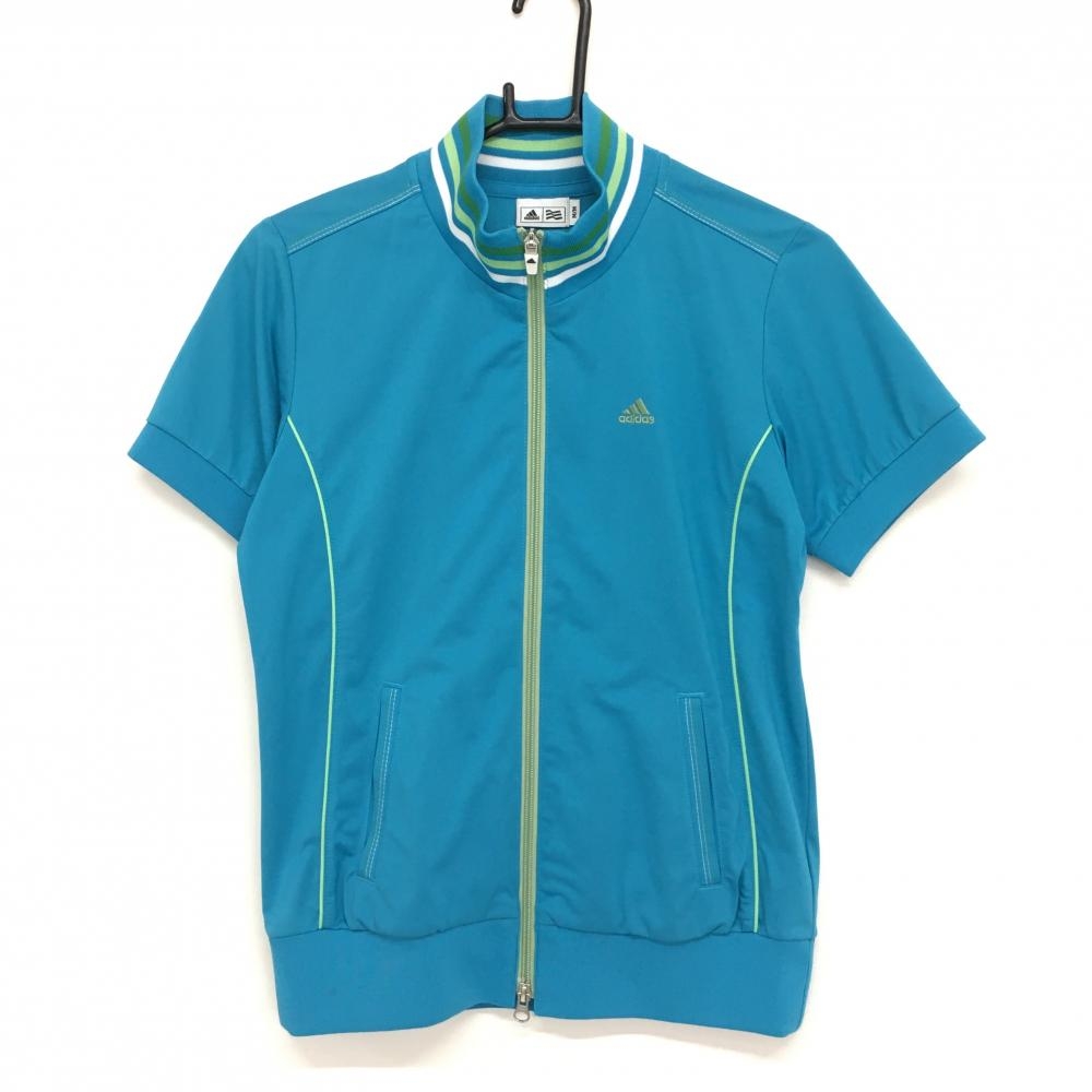 【美品】アディダス 半袖ジャケット ライトブルー×ライトグリーン ネックボーダー　 レディース M/M ゴルフウェア adidas