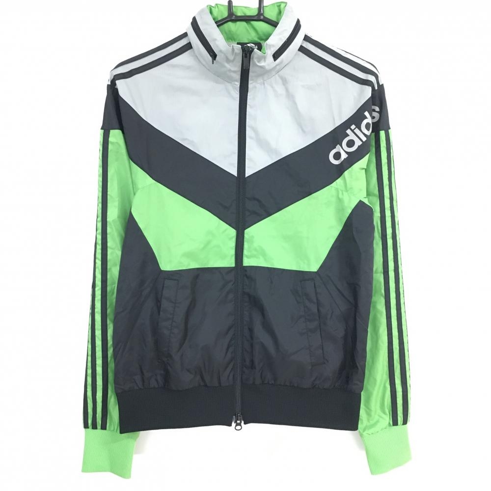アディダス ジャケットブルゾン 黒×グリーン×ライトグレー 裏メッシュ フード収納  レディース S ゴルフウェア adidas