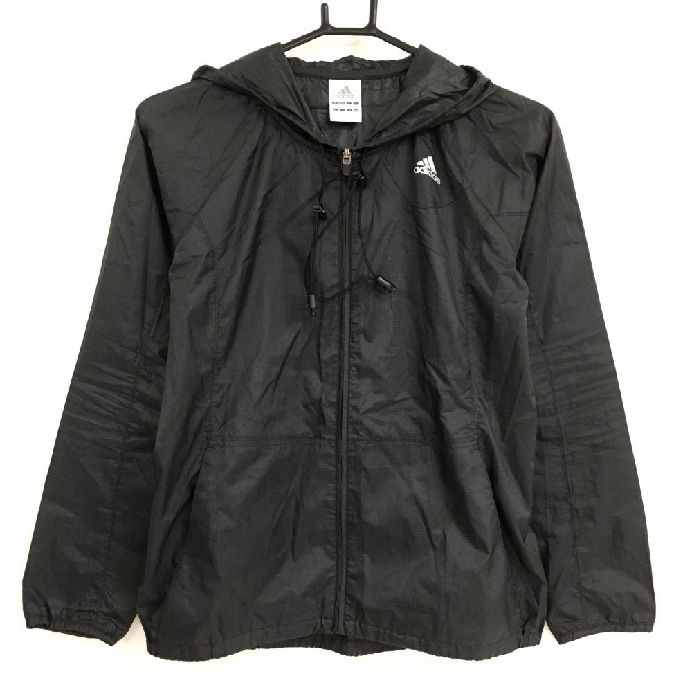 【美品】アディダス フード付きジャケット ダークグレー 格子柄 ロゴプリント 薄手 ドローコード レディース S ゴルフウェア adidas