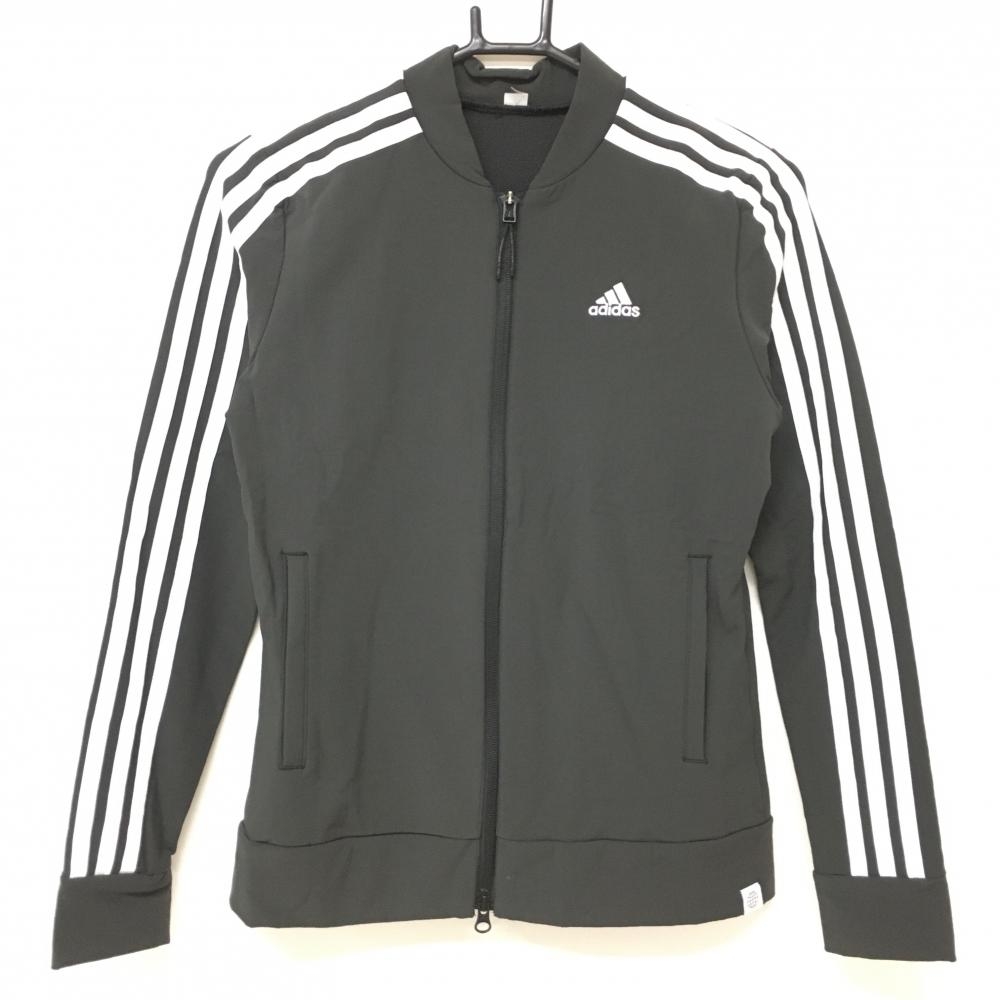 【超美品】アディダス ジャケットブルゾン ダークグレー×白 ストレッチ 袖3ライン レディース  ゴルフウェア adidas