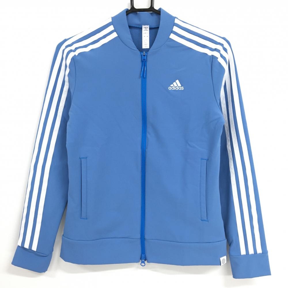 【超美品】アディダス ジャケットブルゾン ライトブルー×白 袖3ライン ストレッチ レディース M ゴルフウェア adidas