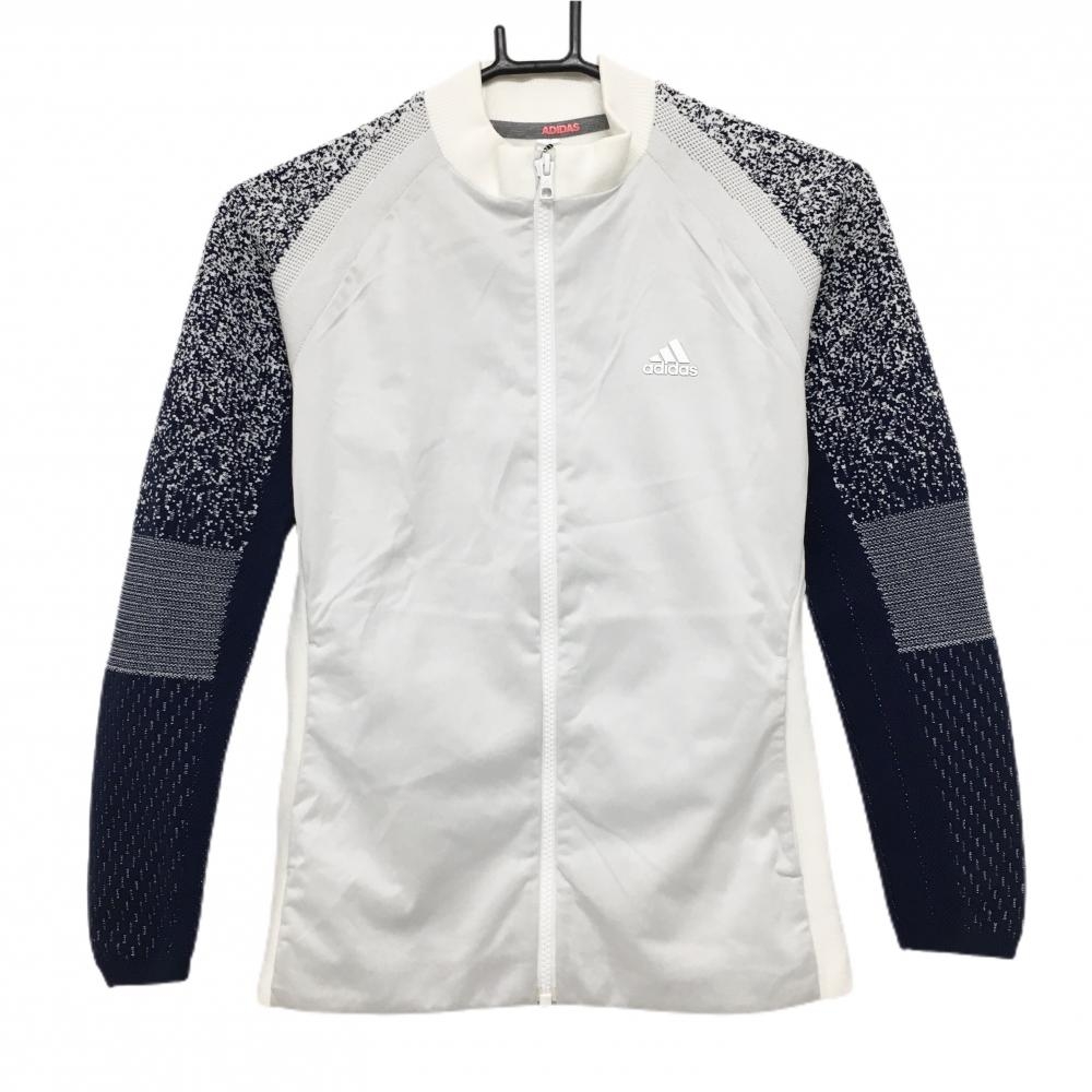 アディダス ジャケットブルゾン 白×ネイビー 異素材切替 胸元ロゴ レディース S ゴルフウェア adidas