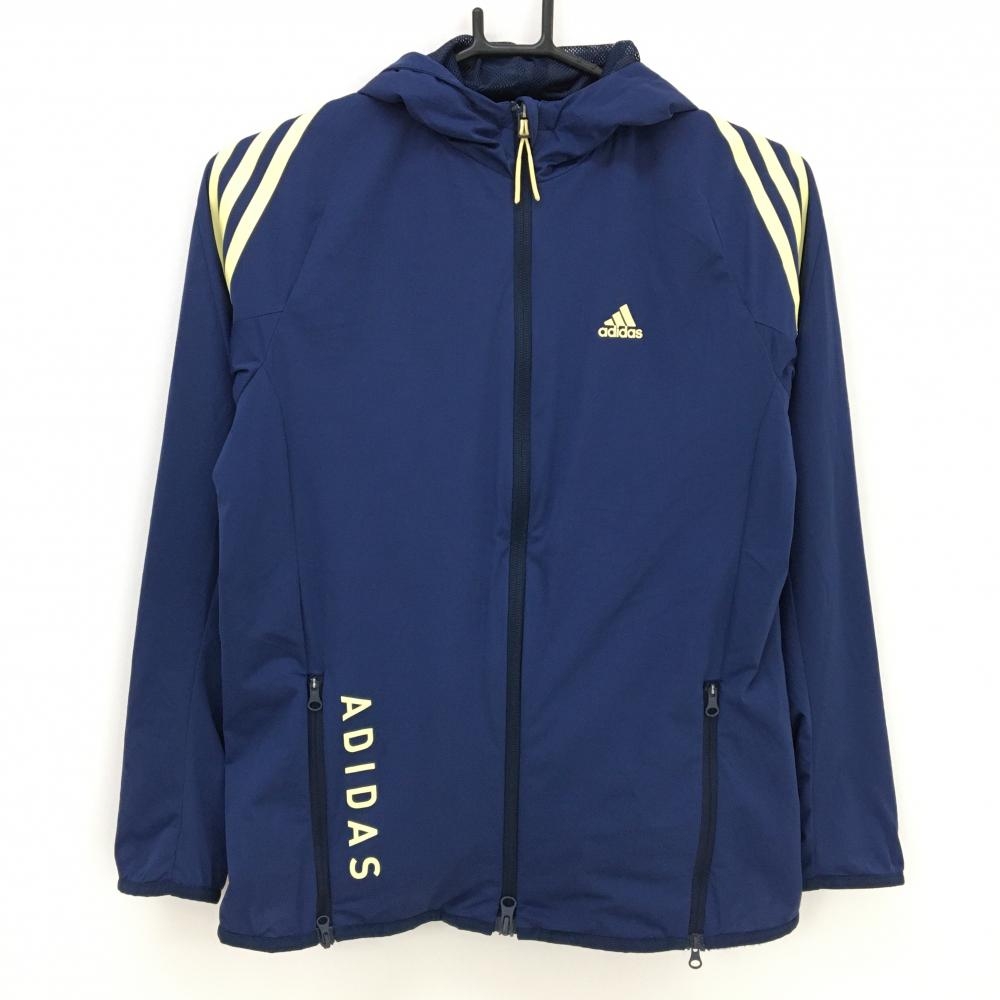 【超美品】アディダス ナイロンジップパーカー ネイビー×ライトイエロー 裏地メッシュ 3ライン レディース S ゴルフウェア adidas