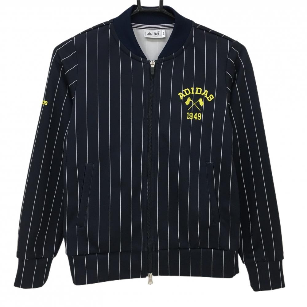 【超美品】アディダス ジャケットブルゾン ネイビー×白 細ストライプ ロゴ刺しゅう レディース S/P ゴルフウェア adidas