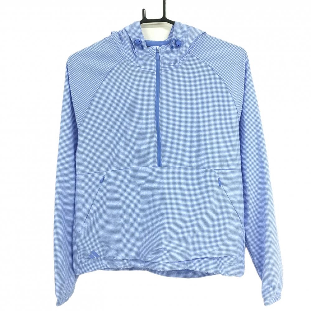 【超美品】アディダス フード付きブルゾン ライトブルー×白 チェック柄 サッカー生地 ハーフジップ  レディース L ゴルフウェア adidas
