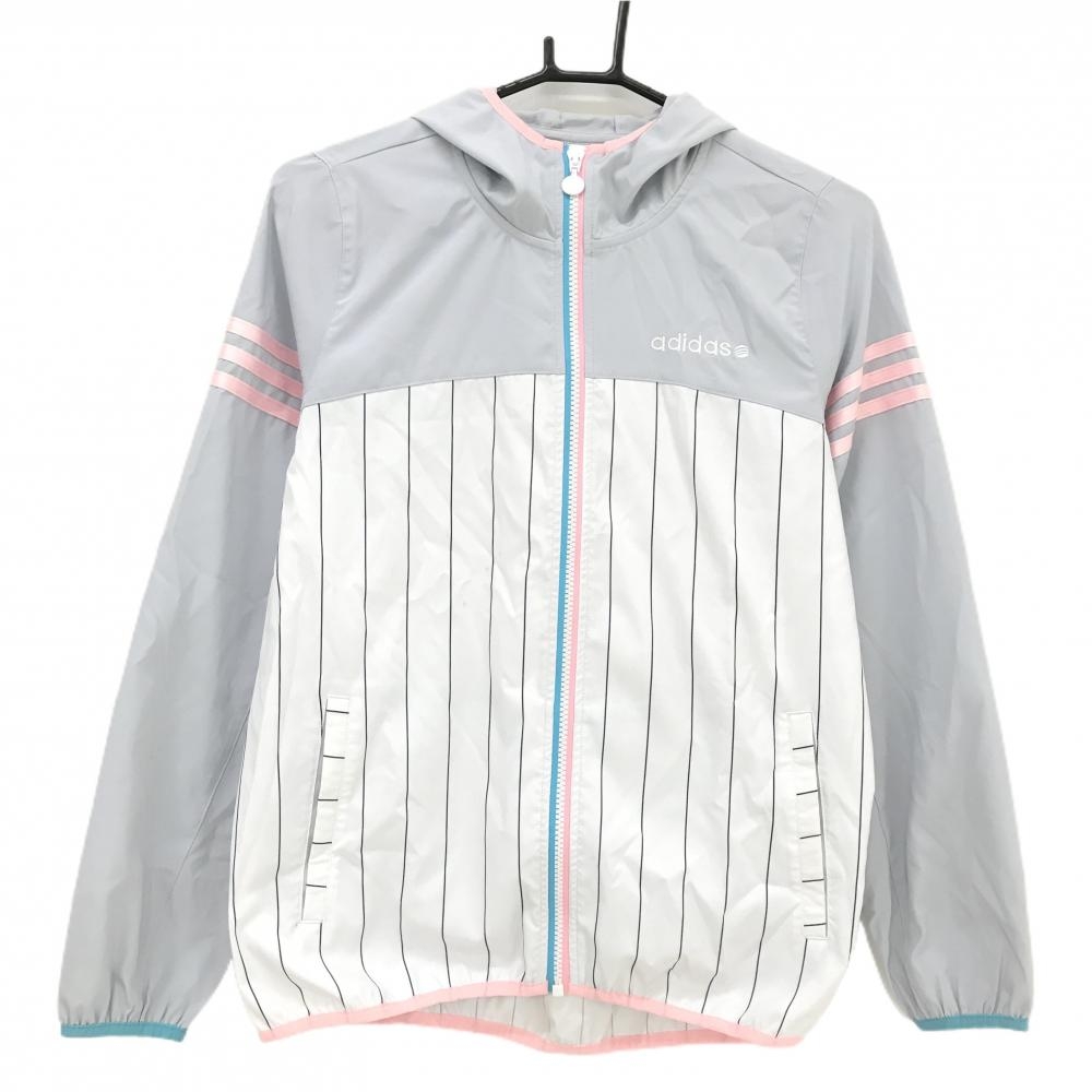 アディダス ジップパーカー ライトグレー×白 身頃一部ストライプ 3ライン レディース J/M ゴルフウェア adidas