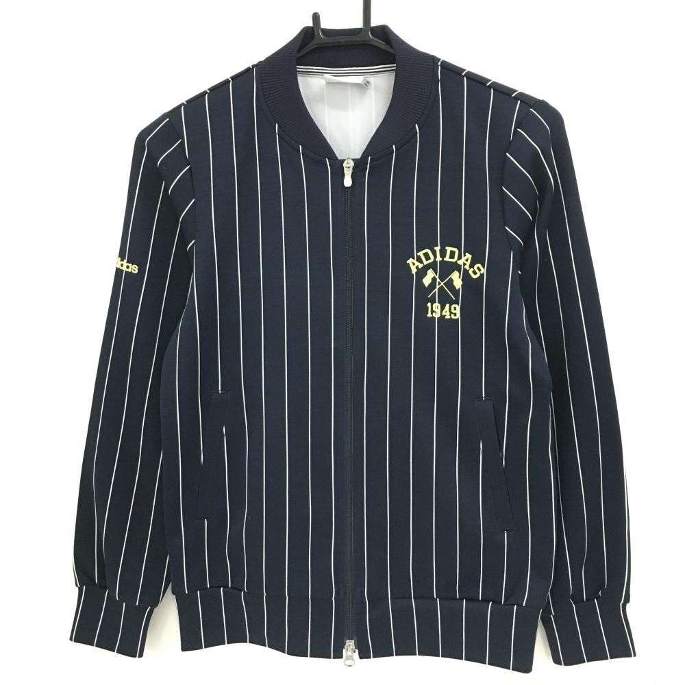 【超美品】アディダス ジャケットブルゾン ネイビー×白 ストライプ ロゴ刺しゅう レディース M/M ゴルフウェア adidas