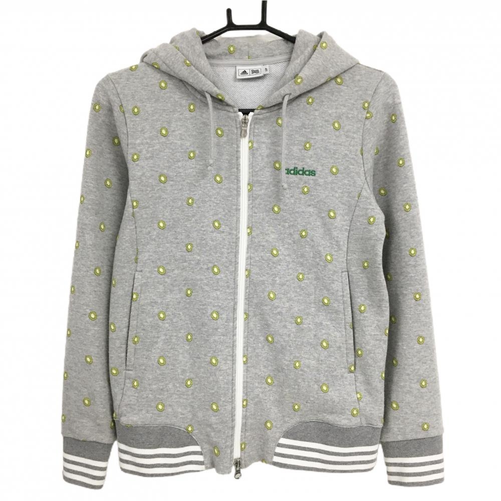 【超美品】アディダス ジップパーカー 杢グレー×ライトグリーン キウイフルーツ総柄 3ライン  レディース S/P ゴルフウェア adidas