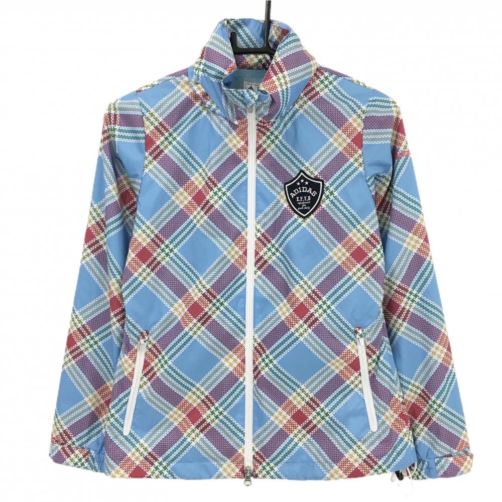 【美品】アディダス ジップパーカー ライトブルー×レッド チェック フード収納可 メッシュ裏地 レディース S/P ゴルフウェア adidas