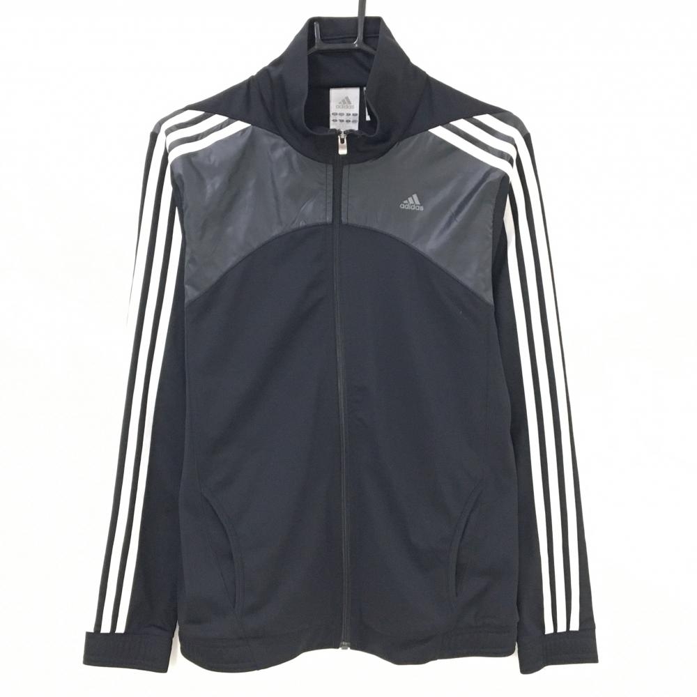 【美品】アディダス ジャケットブルゾン 黒×白 異素材 袖3ライン レディース OT(XL) ゴルフウェア adidas