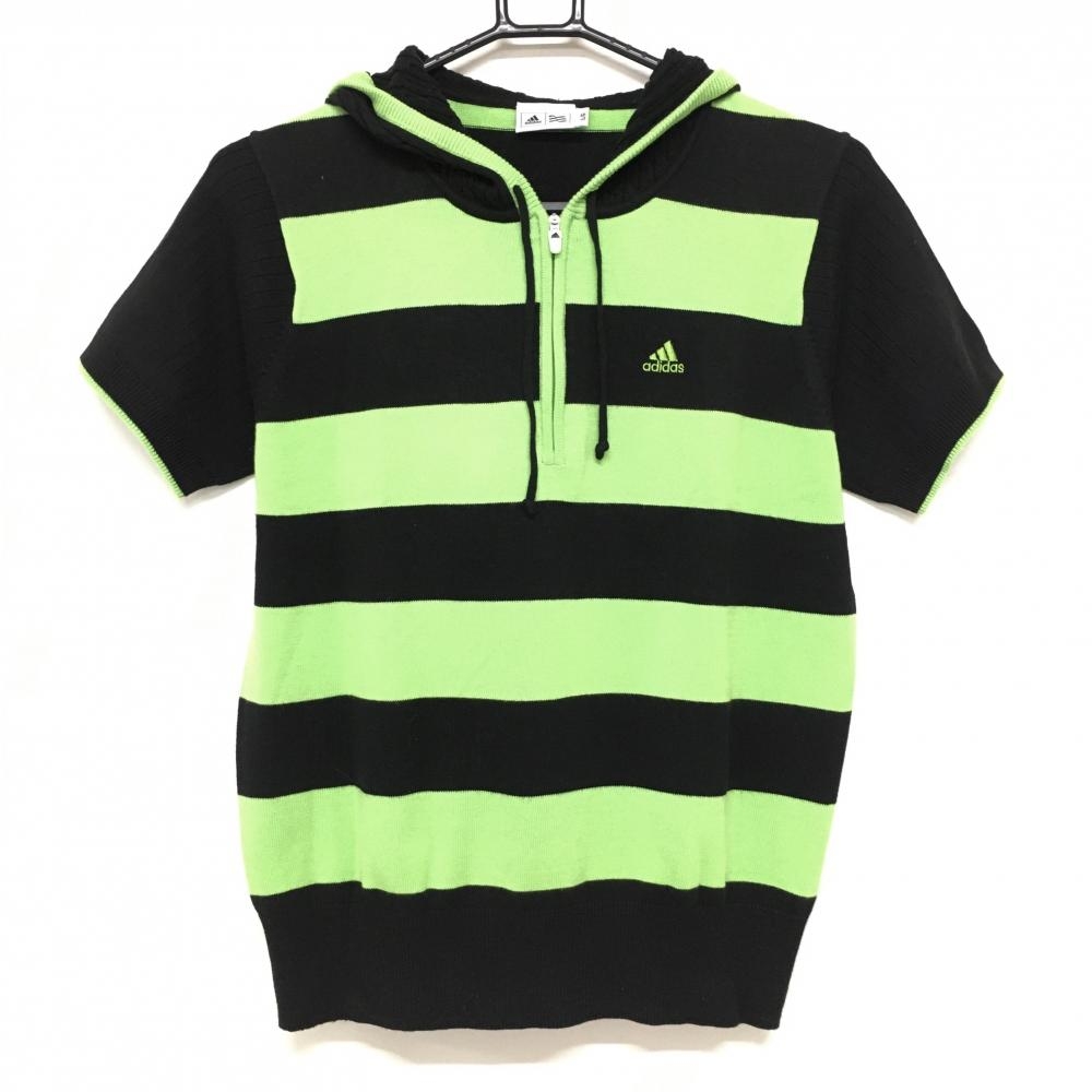 【美品】アディダス 半袖ニットパーカー 黒×グリーン ハーフジップ ボーダー  レディース L/G ゴルフウェア adidas