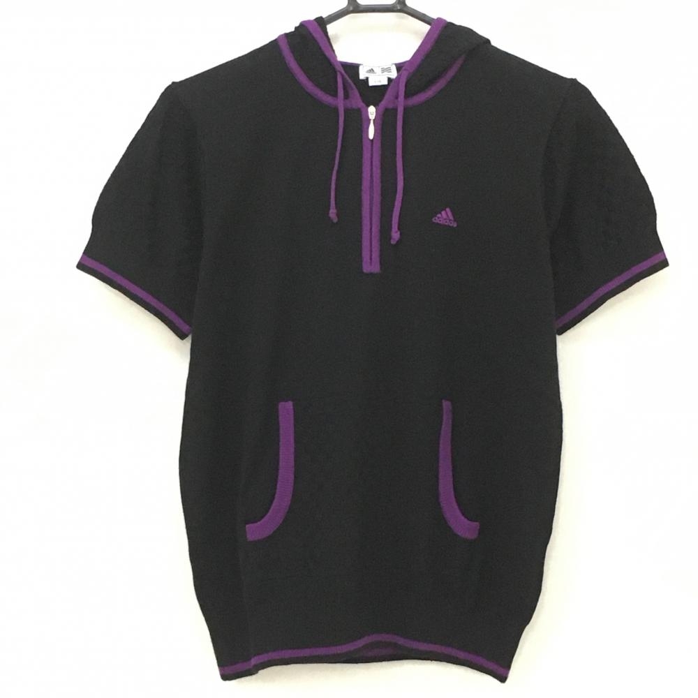 【超美品】アディダス フード付半袖セーター 黒×パープル ハーフジップ コットン混 レディース L/G ゴルフウェア adidas