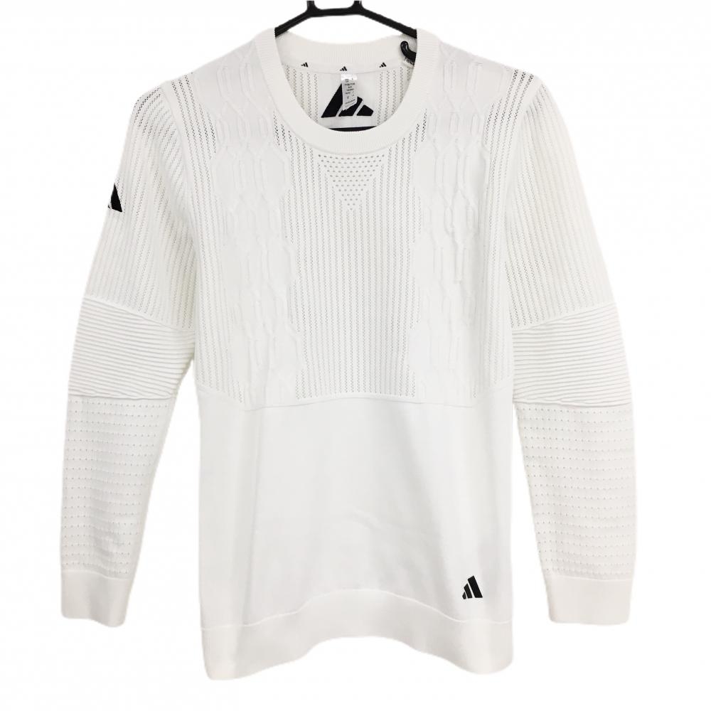 【超美品】アディダス セーター 白 一部透かし編み ロゴ黒 ニット  レディース L ゴルフウェア 2023年モデル adidas