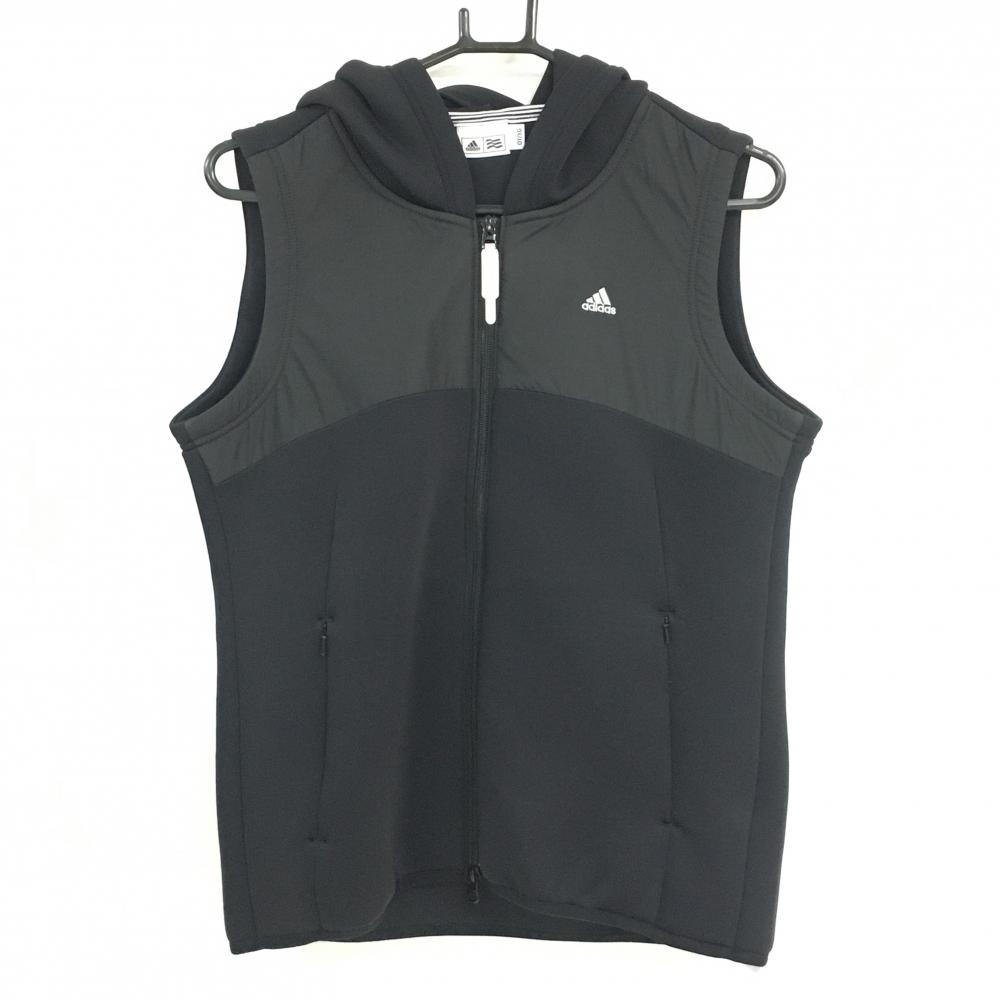 【美品】アディダス フード付ジップベスト 黒 異素材 一部ダンボールニット 腹部糸引き レディース OTXG(XL) ゴルフウェア adidas