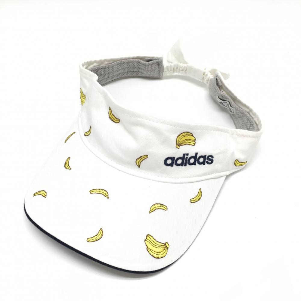 【超美品】アディダス サンバイザー 白×イエロー バナナ柄 ロゴ刺しゅう  レディース フリー(56-58cm) ゴルフウェア adidas 画像