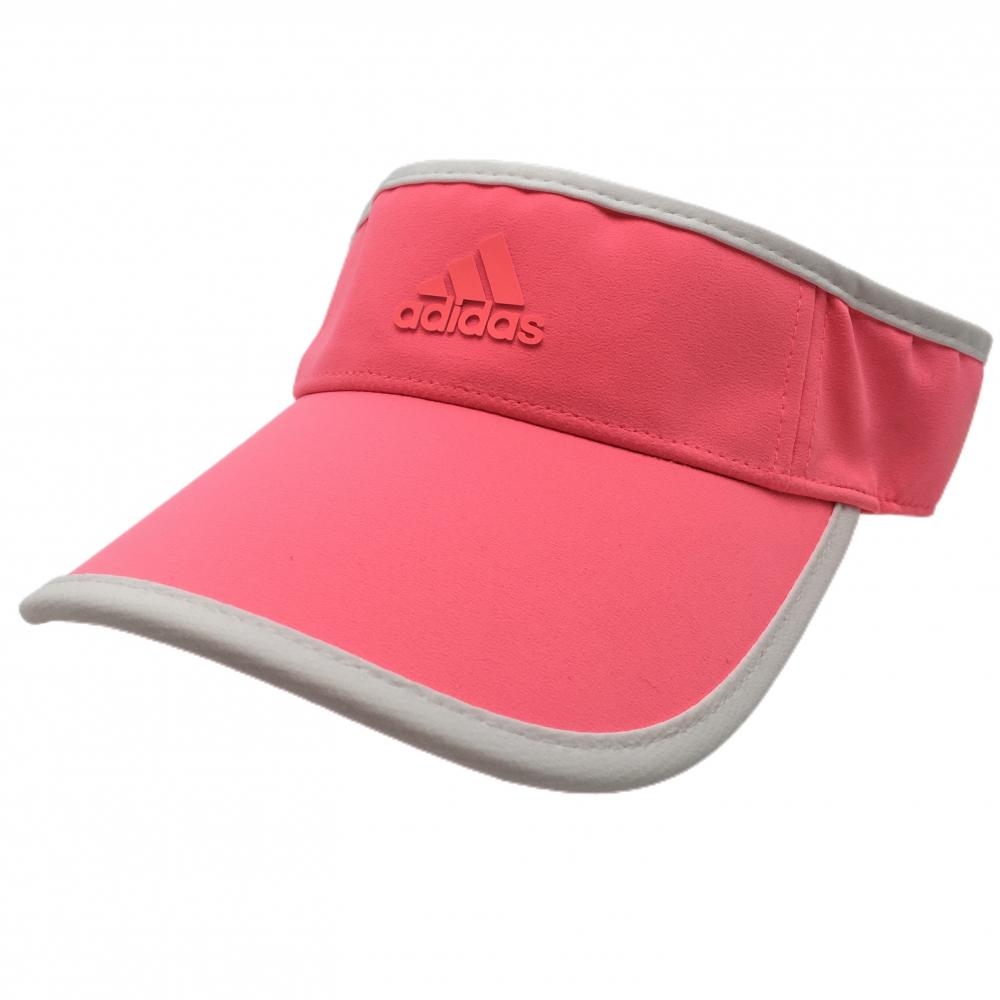 【美品】アディダス サンバイザー 蛍光ピンク×白 立体ロゴ 後ろリボン レディース OSFW(54-57cm)フリーサイズ ゴルフウェア adidas