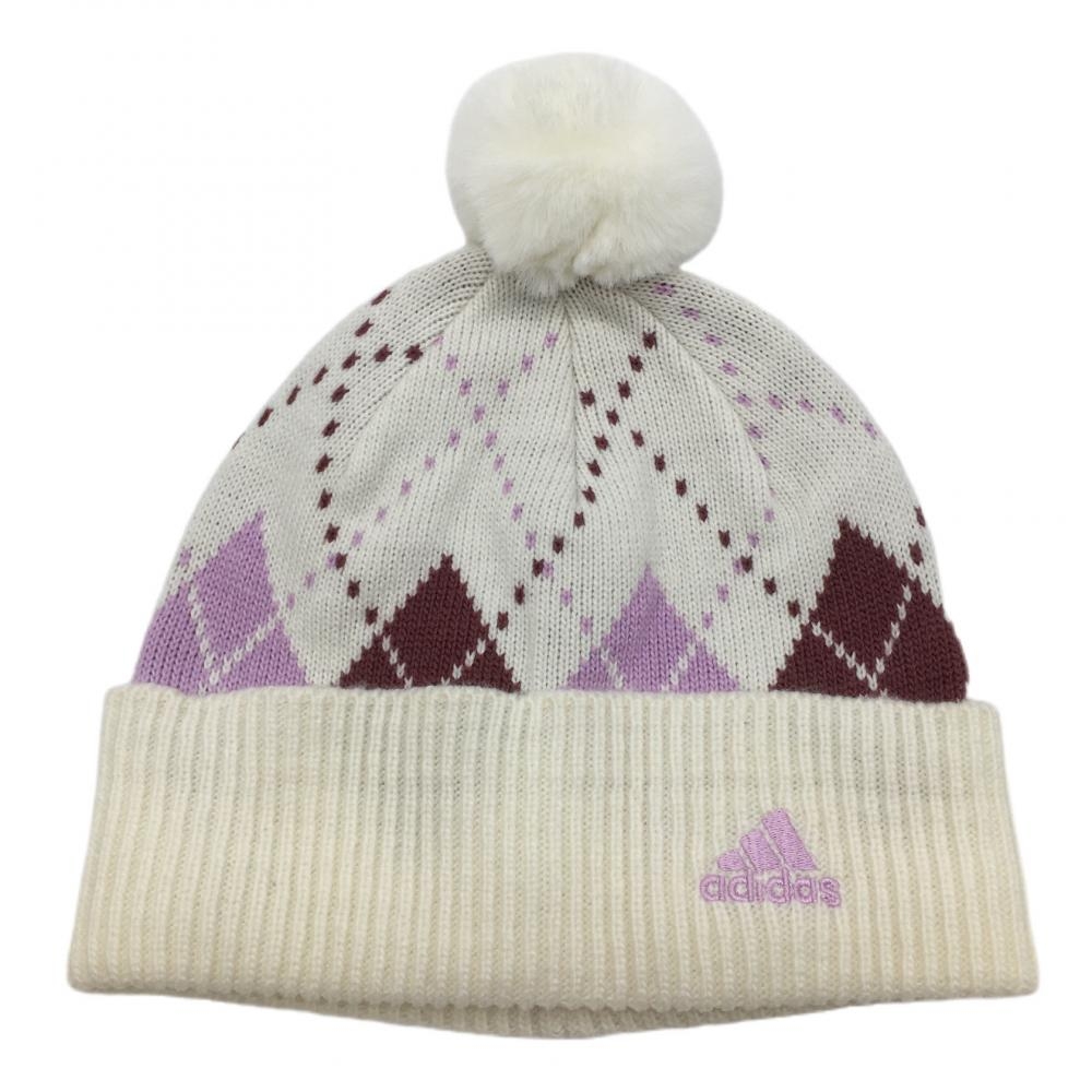 アディダス ニット帽 白×ピンク アーガイル柄 ウール混  レディース フリーサイズ(54‐57㎝) ゴルフウェア 2022年モデル adidas