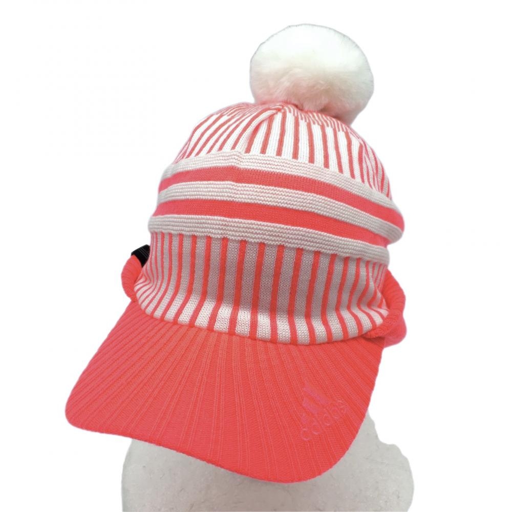 【美品】アディダス つば付きニット帽 ピンク×白 ボンボン付き ボーダー×ストライプ ウール混  レディース  ゴルフウェア adidas 画像