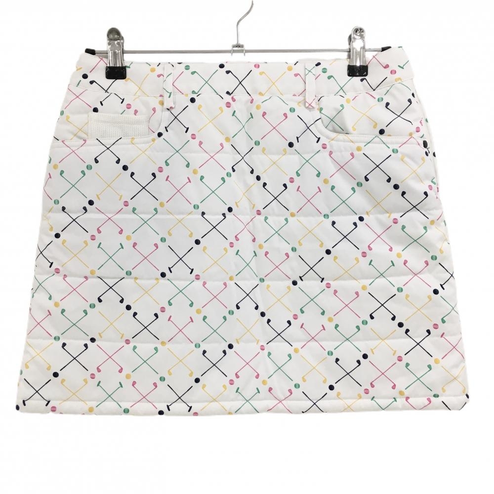 アディダス 中綿スカート 白×マルチカラー 総柄 バックロゴ  レディース M/M ゴルフウェア adidas