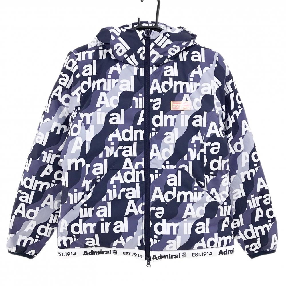 【美品】アドミラル フード付き中綿ジャケット ネイビー×白 ロゴ総柄 裾裏微起毛 レディース M ゴルフウェア Admiral
