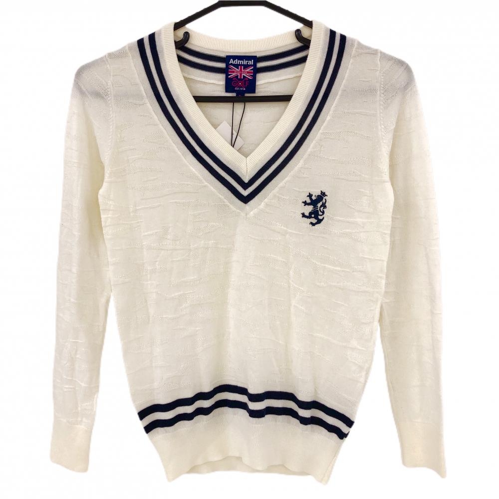アドミラル セーター 白×ネイビー 迷彩織生地 Vネック コットン混 紙タグ付 ニット  レディース S ゴルフウェア Admiral