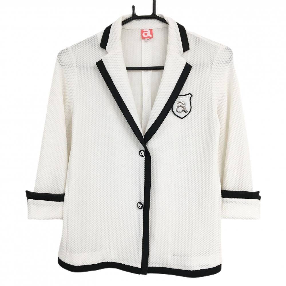 【美品】アルチビオ 七分袖テーラードジャケット 白×黒 凸凹織生地 パイピング レディース 38(M) ゴルフウェア archivio