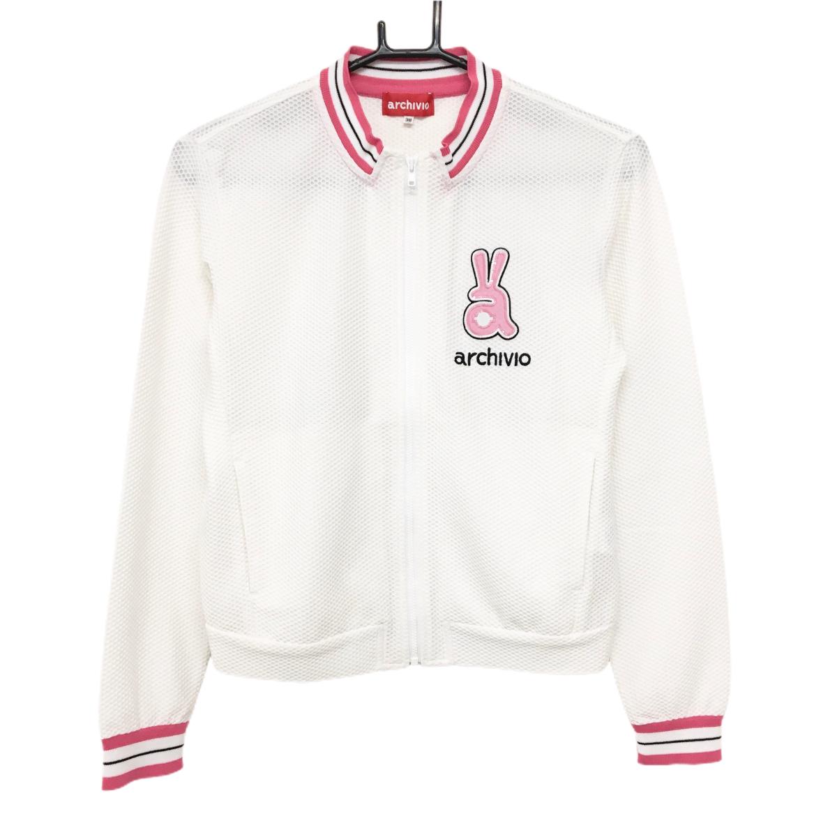 【超美品】アルチビオ ジャケット 白×ピンク ドット織生地 ワッペン  レディース 38(M) ゴルフウェア archivio