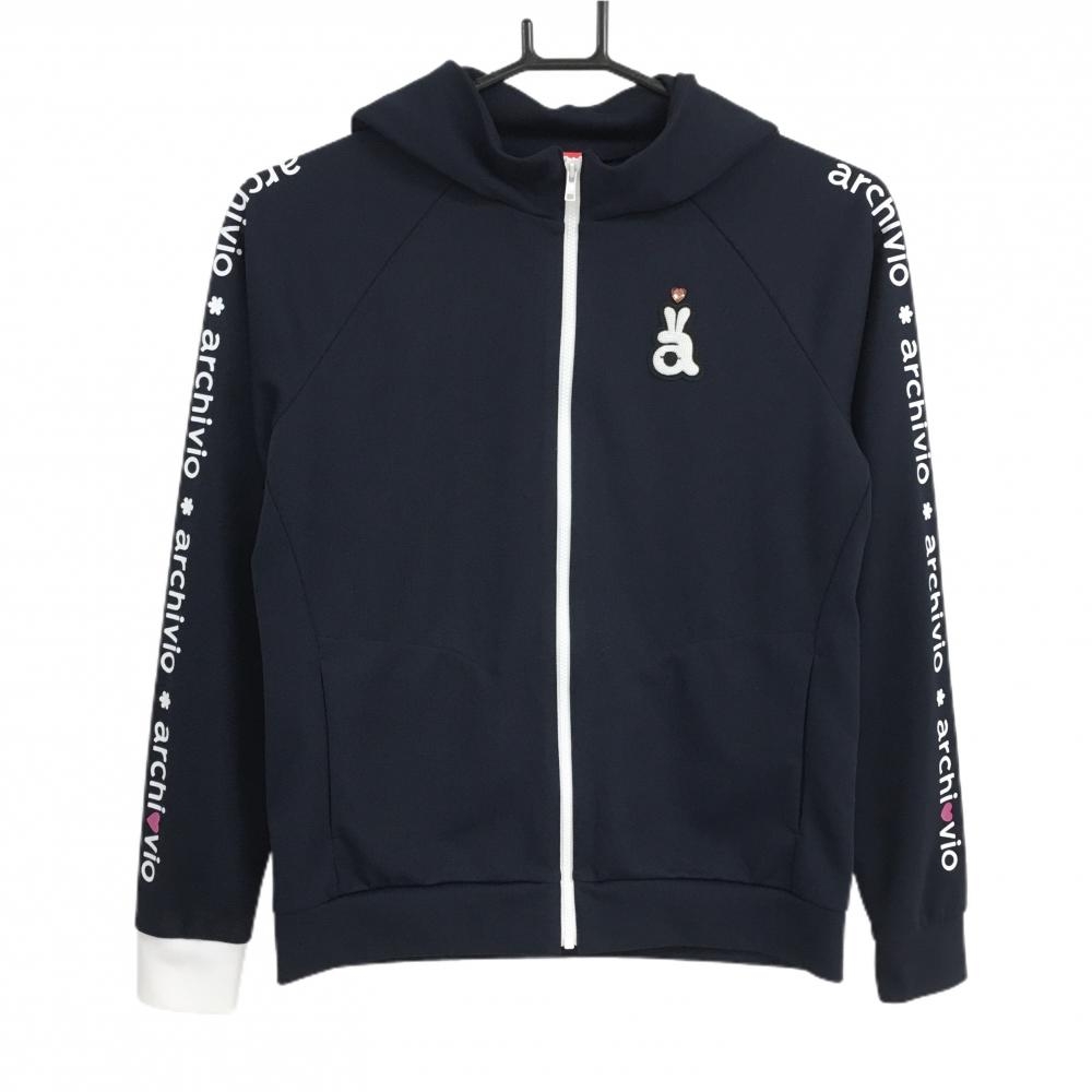 【美品】アルチビオ ジップパーカー ネイビー×白 袖英字ロゴライン  レディース 38(M) ゴルフウェア archivio