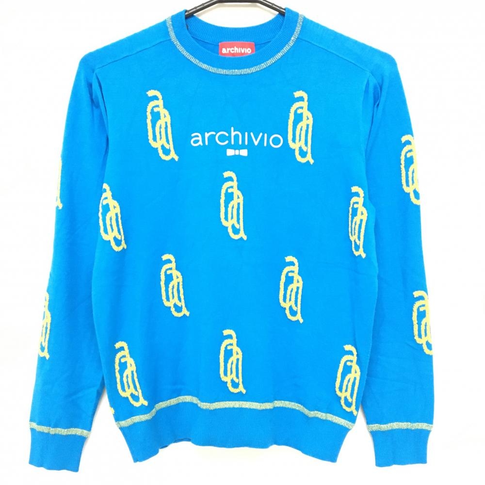 【超美品】アルチビオ セーター ライトブルー×ゴールド 総柄 ニット レーヨン混 レディース 38(M) ゴルフウェア 2024年モデル archivio
