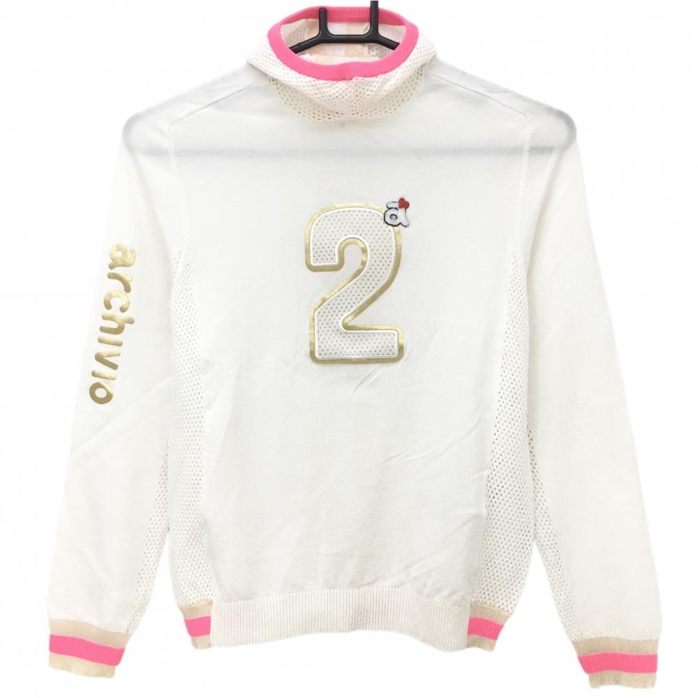 【超美品】アルチビオ セーター 白×ゴールド 一部メッシュ フード風 ニット レディース 36(S) ゴルフウェア 2023年モデル archivio