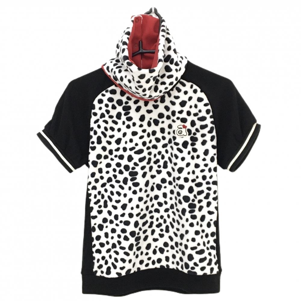 【美品】アルチビオ ネックウォーマー付半袖セーター 黒×白 前身頃ダルメシアン柄 ニット  レディース 38(M) ゴルフウェア archivio