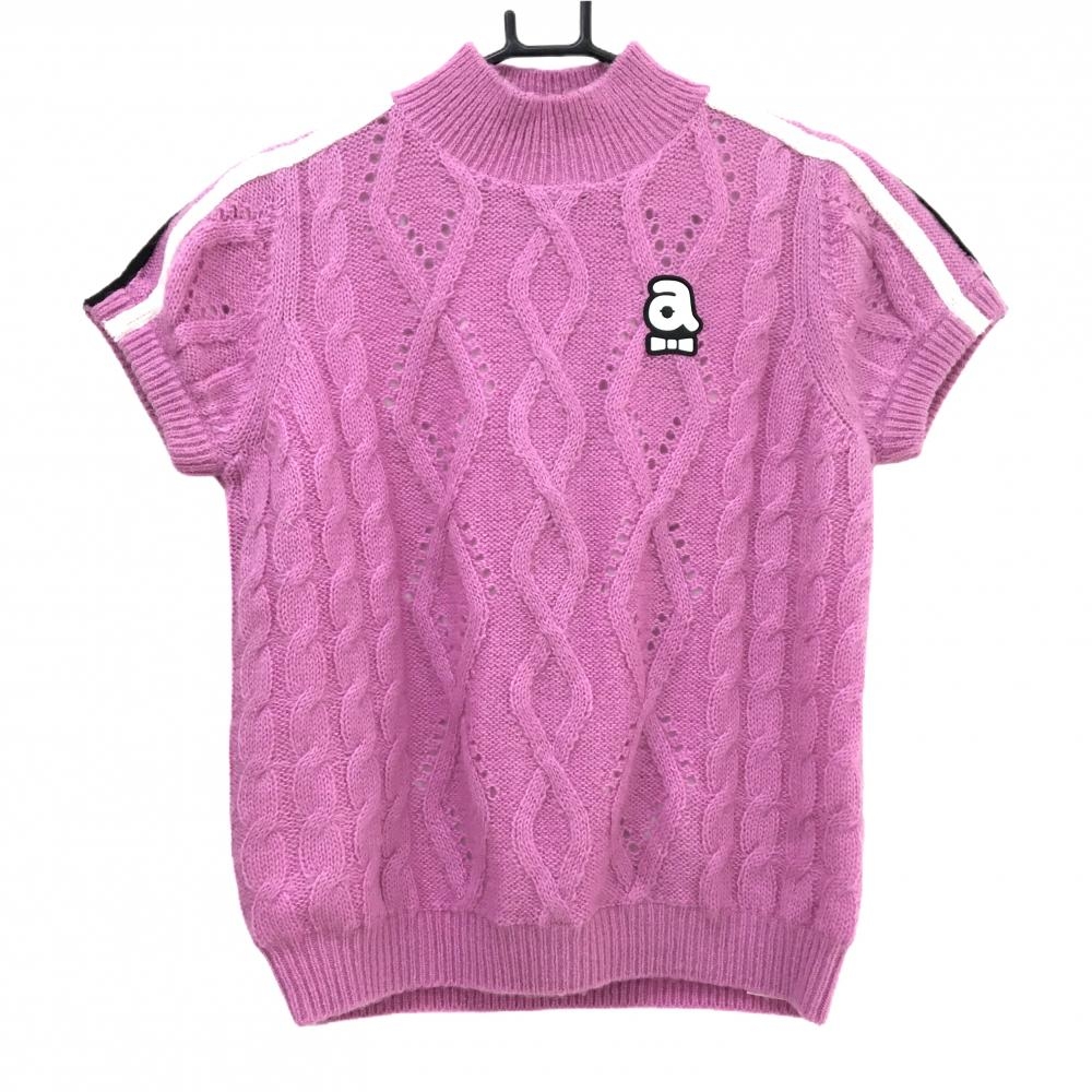 アルチビオ 半袖ハイネックセーター ピンク×白 肩ライン ケーブル編み モヘヤ混 ニット レディース 38(M) ゴルフウェア archivio