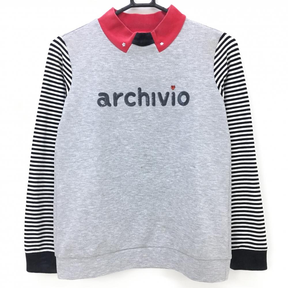 アルチビオ 異素材切替プルオーバー グレー×レッド 袖ボーダー  レディース 38(M) ゴルフウェア archivio