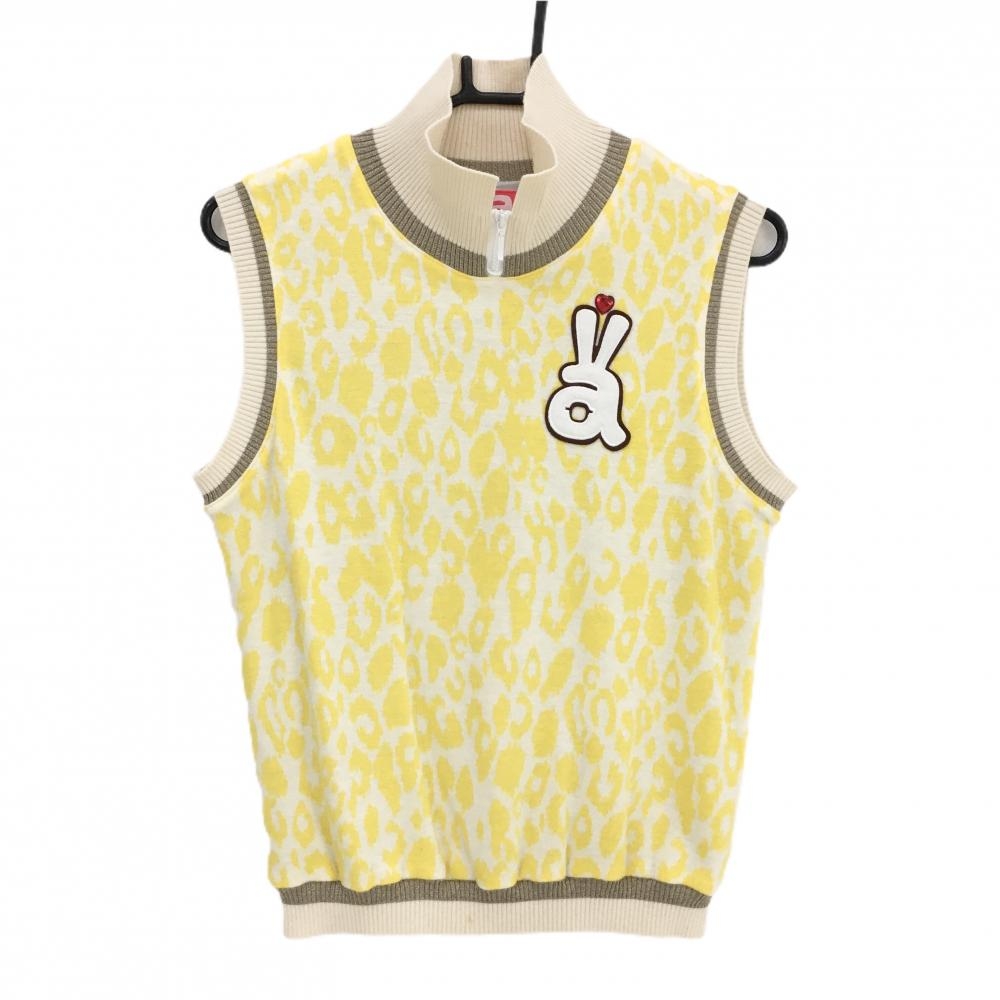 【美品】アルチビオ ハイネックニットベスト イエロー 裏地付 レオパード レディース 38(M) ゴルフウェア archivio