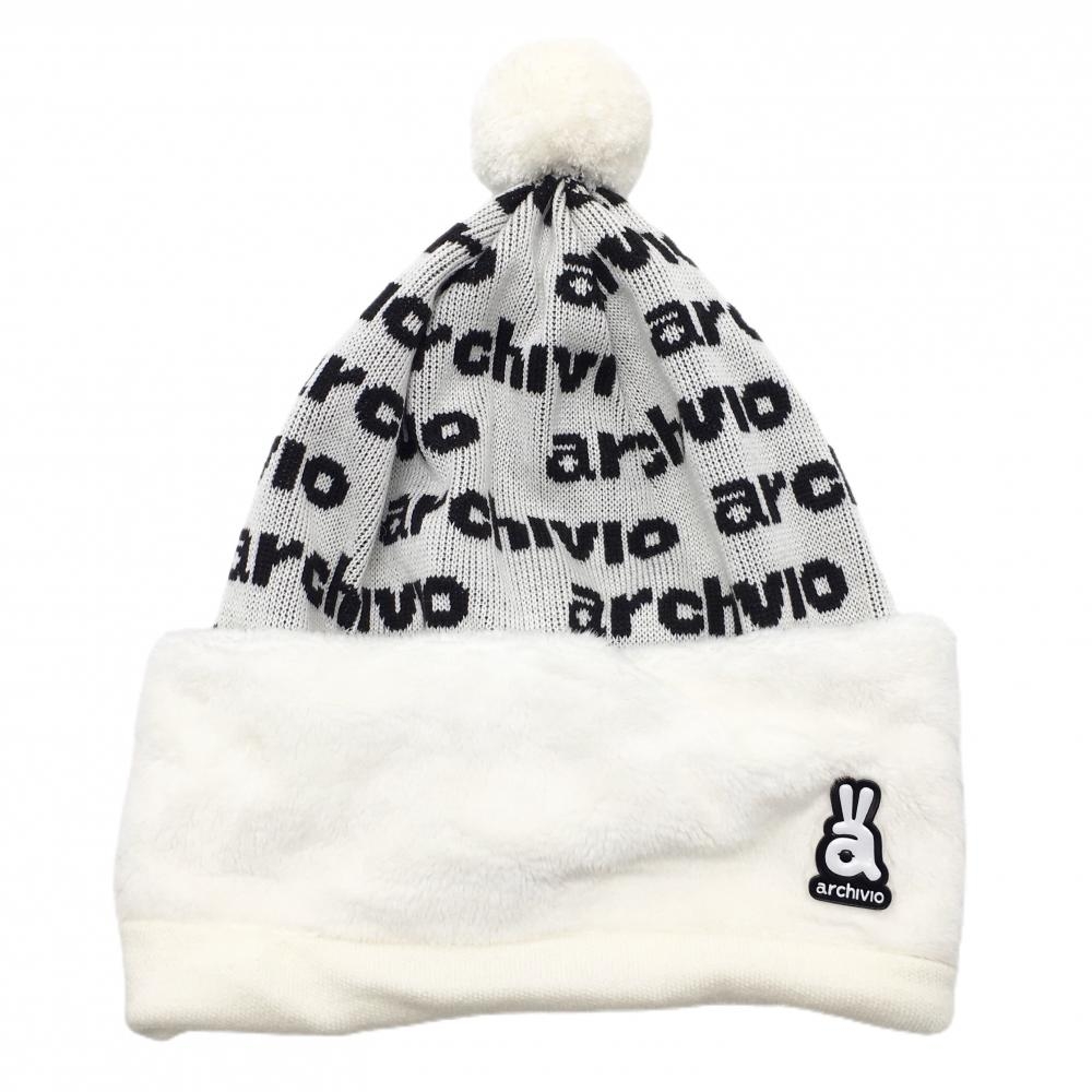 アルチビオ 2WAYニット帽 白×黒 ボンボン付 ネックウォーマー レディース  ゴルフウェア archivio
