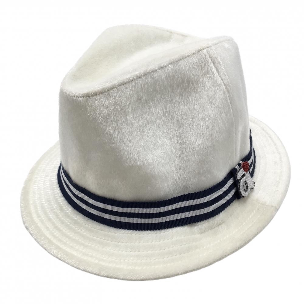 【美品】アルチビオ 中折れハット 白 ベロア調 リボンボーダー ナイロン  レディース  ゴルフウェア archivio