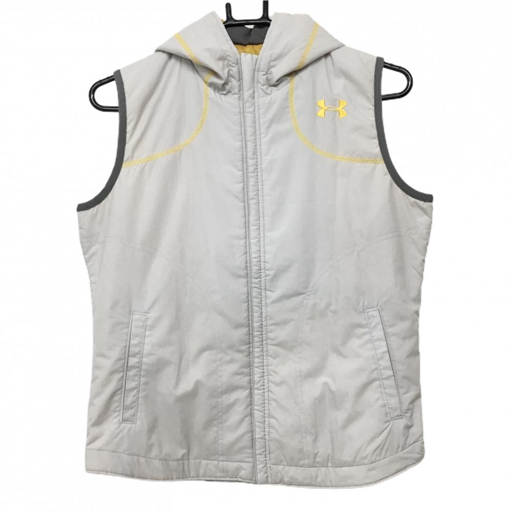 【美品】アンダーアーマー フード付中綿ベスト ライトグレー×イエロー フード固定可 レディース MD ゴルフウェア UNDER ARMOUR