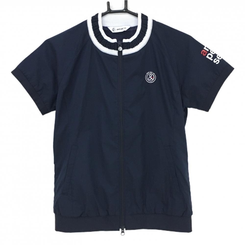 【美品】アンパスィ 半袖ジャケット ネイビー×白 胸元ロゴ 裏地メッシュ レディース M ゴルフウェア and per se