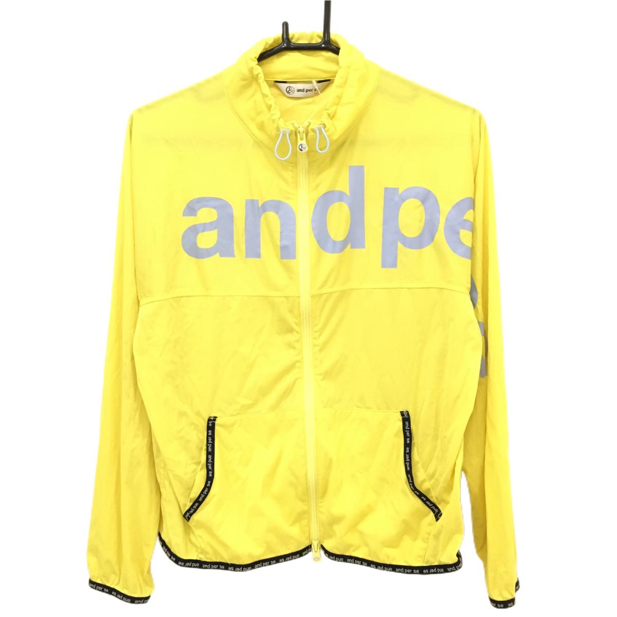 【美品】アンパスィ ジャケットブルゾン イエロー×グレー ロゴプリント 薄手 ネックドローコード レディース LL ゴルフウェア and per se