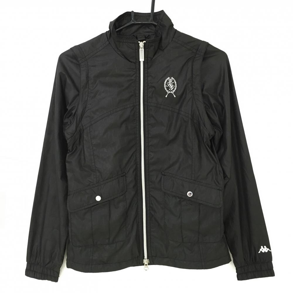 【美品】カッパ 2WAYジャケットブルゾン 黒 地模様 袖着脱可 裏地メッシュ レディース S ゴルフウェア Kappa