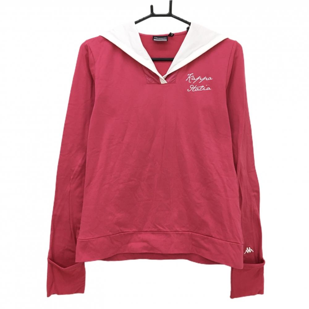 【美品】カッパ 異素材パーカー ピンク×白 裏微起毛 胸ロゴ レディース L ゴルフウェア Kappa