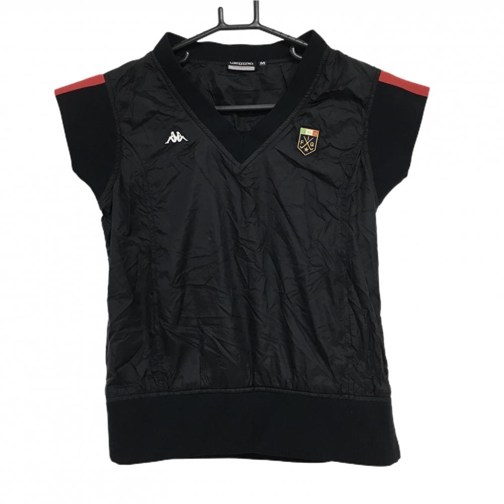 【超美品】カッパ ナイロンベスト 黒×レッド 裏地メッシュ 袖口リブ レディース M ゴルフウェア Kappa