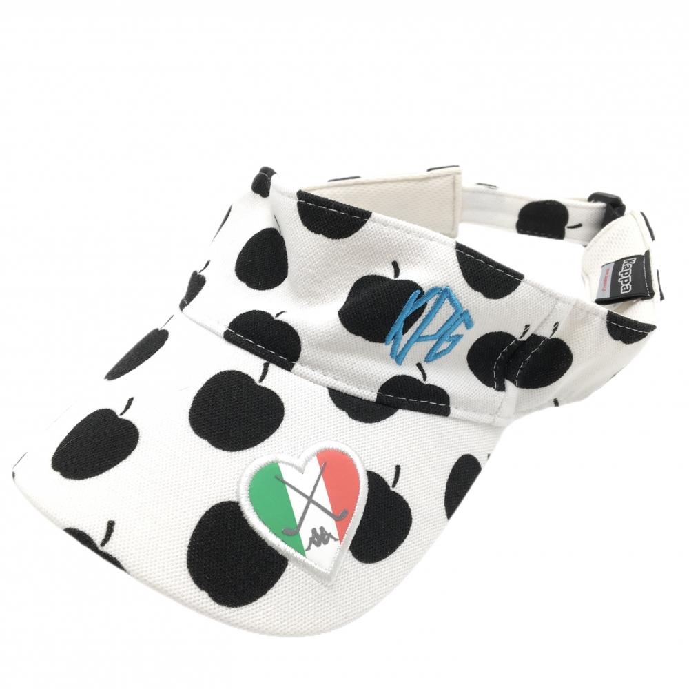 【超美品】カッパ サンバイザー 白×黒 アップル柄 レディース フリーサイズF ゴルフウェア Kappa