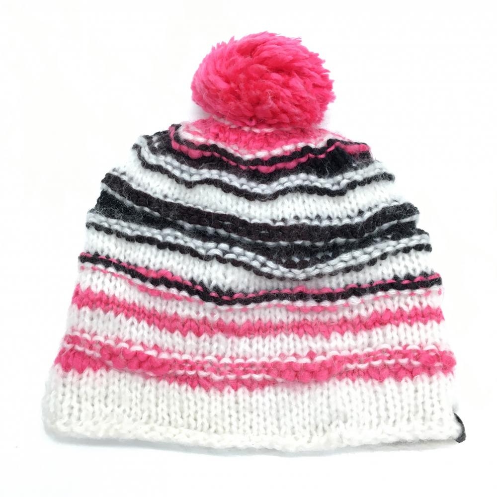 【美品】カッパ ニット帽 白×ピンク ボンボン付き 内側フリース レディース F ゴルフウェア Kappa