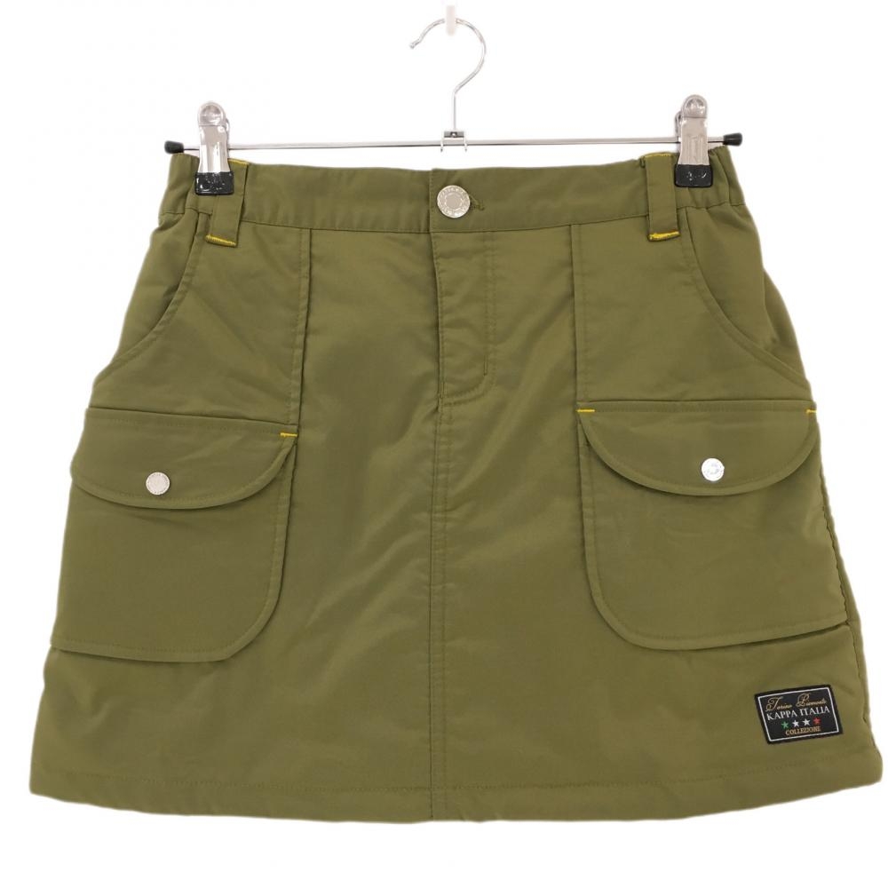 【超美品】カッパ 中綿スカート カーキ×イエロー 斜めストライプ地模様 ロゴプリント 6ポケット レディース S ゴルフウェア Kappa